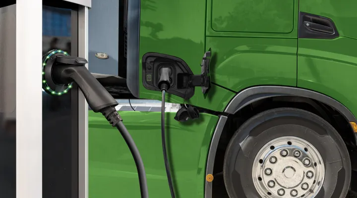 Close-up picture of an electric truck charging at a charging station.