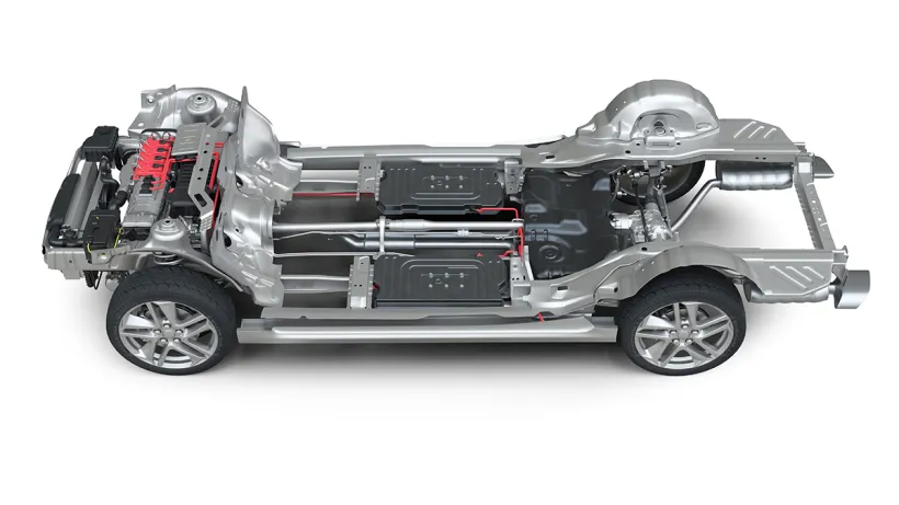 Rendering of the chassis of a hybrid-powered car.