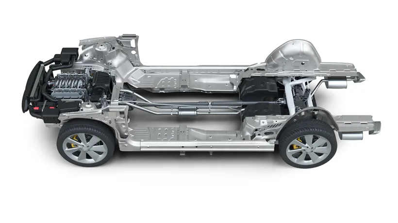 Rendering of a vehicle chassis from a car with a combustion engine.