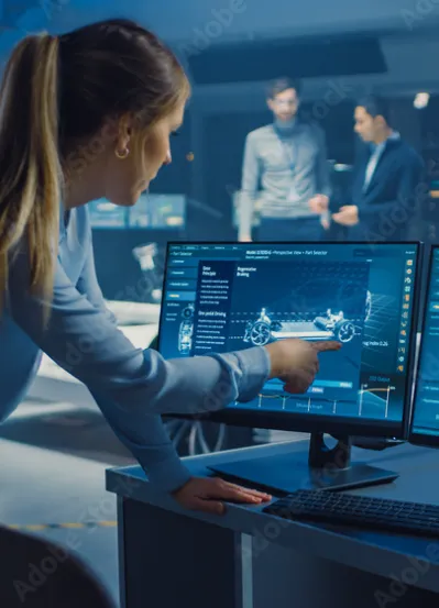 A female engineer looking at a concept of a car in a screen