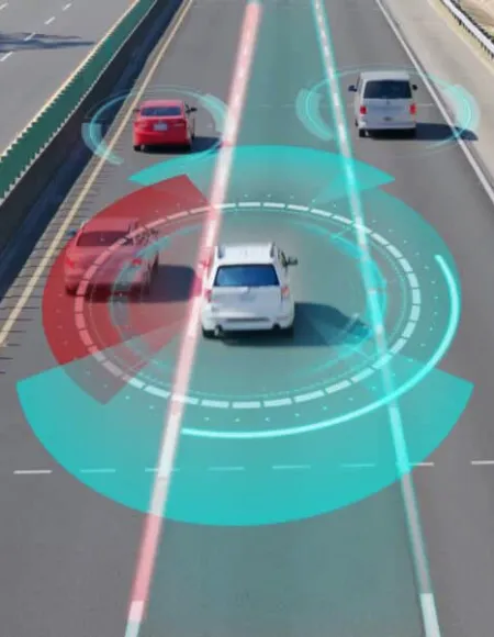 Car driving in a road with the ADS sensor reflected